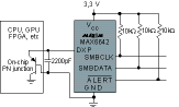 Figure 2. The MAX6642 is the world&#8217;s smallest remote temperature sensor. It has an ALERT pin that may be used as an interrupt or as a system shutdown signal to protect the target IC from damage due to overheating